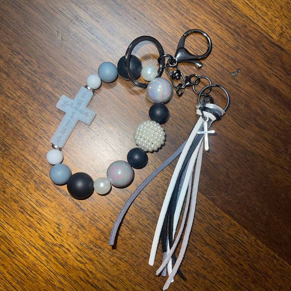 Amazing Grace Beaded Keychain with Cross and Tassel